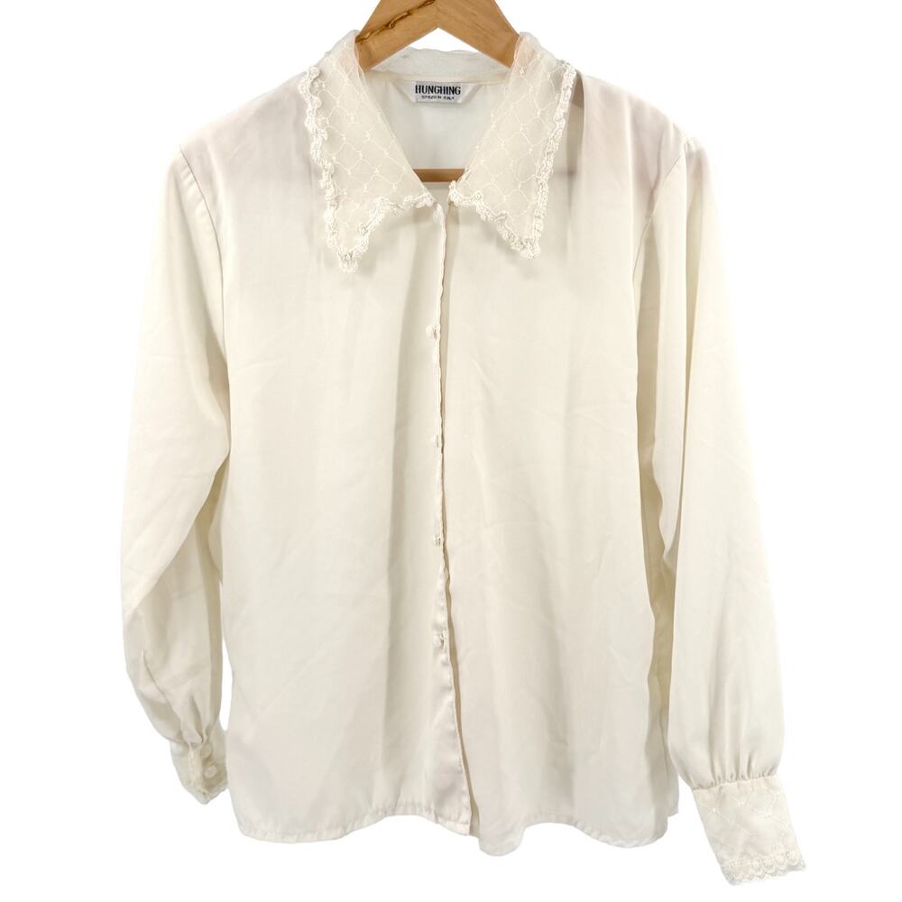 Vintage 90s Hunghing Ivory Lace Collar Peter Pan Blouse